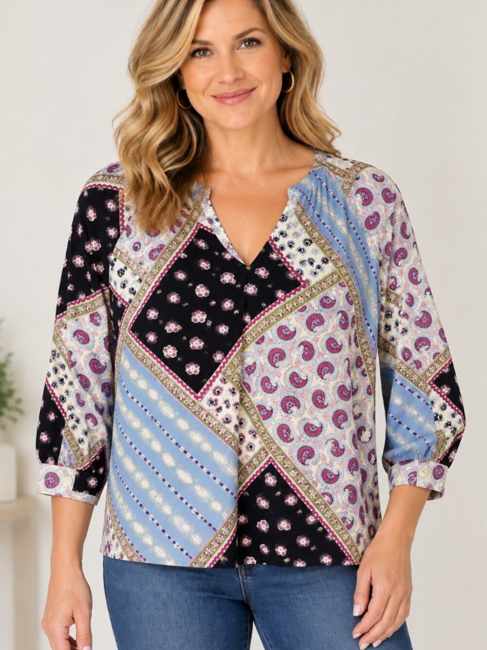 LOFT Womens L Linen Blend Patchwork Paisley Blouse Boho 3/4 Raglan Sleeve Top